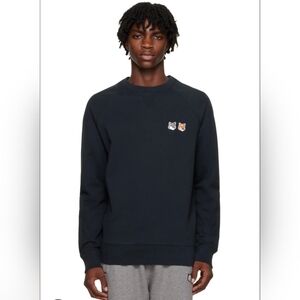 MAISON KITSUNE Faded Black Crewneck Sweater with Fox Patches Size Small